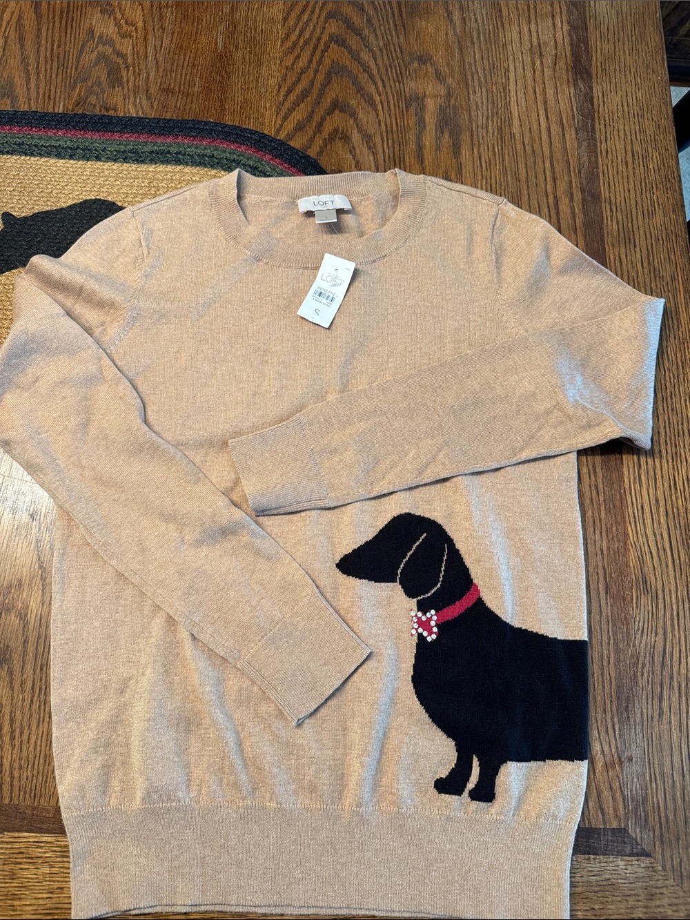 LOFT Tan Crewneck Sweater with Black Dog and Pink Collar Bow
